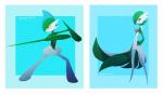 2013 ambiguous_gender eyelashes gallade gardevoir generation_3_pokemon generation_4_pokemon green_body green_hair green_skin hair hand_on_hip long_legs multiple_images nintendo not_furry pokemon pokemon_(species) pseudo_clothing red_eyes slim solo standing thick_calves thin_calves thin_legs thin_thighs tinhan white_body white_skin wide_hips