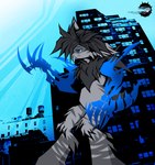 1_eye 2000s_(media) absurd_res blue_eyes city city_background claws deishun_(species) fan_character fin fin_hair fluffy fluffy_chest fur grey_body grey_fin grey_fur grey_hair grey_markings hair hi_res ianmata1998 kingdom_hearts_3 male markings monster noise pseudo_hair serious serious_face solo square_enix tail the_world_ends_with_you zar-jhan_(zarjhan_mary)