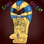 1:1 ambiguous_gender ankh anthro areola ball_gag body_writing bound breasts cofagrigus crouching cuff_(restraint) duo egyptian emolga emolgack eye_contact female fused fused_arms gag game_over gameplay_mechanics generation_5_pokemon genitals gold_areola gold_transformation grin helpless inanimate_transformation looking_at_another looking_down markings nintendo petrification pokemon pokemon_(species) pussy restraints shackled shackled_neck shackles shrapnelshark smile spread_legs spreading submissive submissive_anthro submissive_female transformation