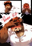 2022 absurd_res alexei_zoloto anthro bear black_hair blush blush_lines booboo34 brown_bear brown_body brown_fur chest_tuft clothing comic covering covering_face dialogue dog_tags dress_shirt ears_down english_text eyebrows facial_hair fur goatee hair hand_covering_face hand_on_head hi_res inner_monologue male mammal motion_lines muscular muscular_anthro muscular_male pecs pivoted_ears shirt sitting solo text thinking topwear tuft ursine white_clothing white_shirt white_topwear