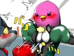 4:3 animal_boxing anthro avian beak bird blush boxing boxing_gloves breasts bruce_(animal_boxing) cleavage clothed clothing duo feathers female fur grey_body grey_fur handwear japanese_text male male/female moroq motion_lines penguin pink_body pink_feathers pola_(animal_boxing) sport text translation_request