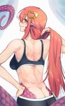 accessory amber_eyes animal_humanoid apode athletic athletic_female back_muscles boxer_briefs boxers_(clothing) bra butt clothing draconcopode female hair hair_accessory hand_on_hip harako_mesi hi_res humanoid humanoid_pointy_ears lamia legless lifting_hair long_hair looking_at_viewer looking_back miia_(monster_musume) monster_girl_(genre) monster_musume rear_view red_hair reptile reptile_humanoid scales scalie scalie_humanoid serpentine snake snake_humanoid solo split_form sports_bra underwear