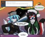 2014 android anthro ara_(fluff-kevlar) black_body black_fur black_hair blue_body blue_eyes blue_fur blue_hair christmas clothed clothing conditional_dnp dialogue digital_media_(artwork) domestic_cat duo english_text felid feline felis female fluff-kevlar fur hair holidays machine mammal multicolored_body multicolored_fur pink_eyes red_body red_fur robot shaded text two_tone_body two_tone_fur vikna_(fluff-kevlar) white_body white_fur