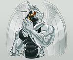 2022 abs anjing_kampuss anthro biceps black_body digital_media_(artwork) dragon dragon_city front_view grey_body half-length_portrait hi_res holding_object horn male metal_dragon_(dragon_city) multi_horn muscular muscular_anthro muscular_arms muscular_male mythological_creature mythological_scalie mythology navel pecs polisher polishing portrait reptile scalie signature simple_background solo wings yellow_sclera