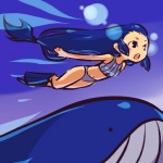 1:1 alternate_species bikini blue_hair clothed clothing cosplay duo female generation_3_pokemon hair hitec human humanized long_hair mammal midriff navel nintendo pokemon pokemon_(species) pokemon_trainer skimpy swimwear two-piece_swimsuit wailord water