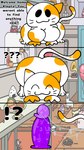 anthro bodily_fluids comic dialogue dildo dildo_size_difference domestic_cat english_text felid feline felis female female_focus genital_fluids hi_res humanoid_dildo klepta_(skeletonhearts) kleptocat kleptocats mammal messy offscreen_character purple_dildo sex_toy skeletonhearts solo text vaginal_fluids