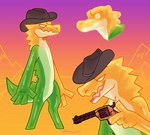 2024 anthro candy clothing cowboy_hat crocodile crocodilian crocodylid dessert digital_drawing_(artwork) digital_media_(artwork) digitigrade empty_eyes featureless_feet feet food food_creature glistening glistening_body glitch_productions gradient_background green_body gummigoo_(tadc) gun handgun hat hat_only headgear headgear_only headwear headwear_only hi_res holding_gun holding_handgun holding_object holding_pistol holding_ranged_weapon holding_weapon jaspering living_candy male mostly_nude narrowed_eyes open_mouth pistol ranged_weapon reptile scalie shaded signature simple_background smile snout solo standing tail the_amazing_digital_circus weapon white_eyes yellow_body