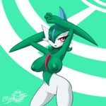 2019 3_fingers anthro areola artist_name big_breasts breasts chest_horn crossgender digital_media_(artwork) english_text eyebrows eyelashes female fingers gallade generation_4_pokemon genitals hair hi_res latiar nintendo nipples nude number one_eye_closed open_mouth pokemon pokemon_(species) pokemorph pupils pussy red_eyes simple_background solo standing text tongue white_sclera white_text wide_hips