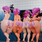 1:1 3d_(artwork) absurd_res adri164 balls big_butt butt butt_focus butt_tattoo casual_nudity cephalopod digital_media_(artwork) feet female femboy genitals group gun hi_res humanoid inkling lineup locker_room male marine mollusk nintendo not_furry nude octarian octoling presenting presenting_hindquarters pussy ranged_weapon rear_view splatoon tattoo weapon wide_hips