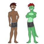 1:1 alligator alligatorid alternate_species anthro boxer_briefs bulge clothed clothing crocodilian crossed_arms diego_abel duo fuze hi_res human humanized male mammal navel nipples reptile scalie simple_background texnatsu topless underwear underwear_only white_background