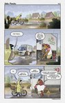 2023 anthro asinus bicycle bottomwear brown_body car clothing coat comic detailed_background dialogue donkey duo english_text equid equine guayodraws hi_res horse julio_(julio_&_poncho) male mammal outside poncho_(julio_&_poncho) raincoat raining shirt shorts text topwear vehicle wet