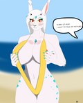 absurd_res anthro areola areola_slip big_breasts bikini blush breasts clothed clothing english_text felid feline female fingers flyboy_(artist) fur hair hand_on_breast hi_res long_hair looking_at_viewer lyrian mammal one-piece_swimsuit partially_clothed prince_vaxis_(copyright) princess_vaxi sling_bikini smile solo swimwear text two-piece_swimsuit white_body white_fur white_hair