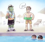 2015 alien alien_humanoid blue_eyes clothing english_text exclamation_point eyebrows footwear gorn_(species) group hair hat headgear headwear human humanoid humanoid_pointy_ears james_t._kirk kessavel leonard_mccoy male mammal poolside sandals shoes socks speech_bubble spock star_trek star_trek_the_original_series swimming_trunks swimwear text topwear vulcan water