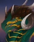 black_sclera brown_horn dragon feral green_body green_scales hi_res horn male markings multicolored_horn mythological_creature mythological_scalie mythology padjetxharrington pink_eyes scales scalie solo ventral_scales white_horn yellow_body yellow_markings yellow_scales