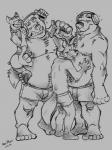 2019 5_fingers anthro anthro_on_anthro bear belly_rub bottomwear canid canine canis clothed clothing domestic_dog dominant dominant_male duo electronics fingers group headphones hi_res hypnosis k-9 larger_male male male/male mammal mind_control monochrome nipples ringed_eyes role_reversal shorts size_difference smaller_male smile submissive submissive_male tongue tongue_out topless