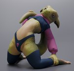 2024 3d_(artwork) anthro blender_(artwork) claws clothed clothing cropped_hoodie digital_media_(artwork) dzat female green_body hi_res hoodie kobold legwear looking_at_viewer meme meme_clothing paggi_outfit panties purple_eyes reptile scales scalie simple_background solo tail thigh_highs topwear underwear viuru widescreen