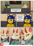 3:4 animal_crossing ankha_(animal_crossing) anthro blue_hair clothing comic deer dialogue digital_media_(artwork) domestic_cat duo electronics english_text felid feline felis female furniture hair hi_res ike_marshall mammal netflix nintendo patreon patreon_logo patreon_username profanity shino_(animal_crossing) sofa speech_bubble television text yellow_body