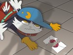 4:3 anthro apu_apustaja apu_spills_his_nuggies bandai_namco big_collar bodily_fluids boke_(artist) clothing collar crying domestic_cat duo envelope felid feline felis gloves handwear hat headgear headwear humanoid klonoa klonoa_(series) long_ears male mammal meme nintendo on_ground oversized_collar shadow super_smash_bros. tears yellow_eyes