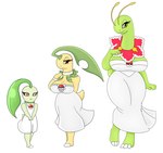 antennae_(anatomy) anthro armwear bayleef big_breasts breasts chikorita clothed clothing collar dress female generation_2_pokemon green_body group hi_res leaf meganium nintendo petals pokeball pokemon pokemon_(species) red_eyes simple_background trio urusee584 white_background yellow_body yellow_eyes