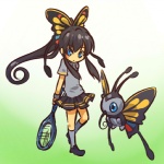 1:1 abstract_background accessory arthropod beautifly black_hair blue_eyes bottomwear clothing cosplay duo female feral footwear generation_3_pokemon gradient_background hair hair_accessory hitec holding_object human insect knee_highs knee_socks legwear lepidopteran mammal miniskirt nintendo pokemon pokemon_(species) simple_background skirt socks standing tennis_racket toony wristband