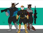 anthro bovid bovine bulge canid canine canis cattle clothing domestic_cat felid feline felis feran_blackridge fox group gun hunterramirez male male/male mammal muscular pantherine ranged_weapon smile star_trek suit tiger trio weapon wolf xi_silverwind