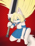 3:4 anthro berserk_(series) big_sword blonde_hair blue_eyes canid canine clothing crouching dragon_slayer_(berserk) eyewear female fox hair hi_res holding_object holding_weapon kemonoyao mammal red_background school_uniform serious_face simple_background solo uniform weapon