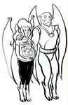 2013 anthro black_and_white bottomwear clothed clothing disney duo embarrassed english_text felid female gargoyles hair hand_on_shoulder hands_on_belly maggie_reed_(gargoyles) male mammal monochrome mutate_(gargoyles) pants pregnant pregnant_anthro pregnant_female shirt talon_(gargoyles) text text_on_clothing text_on_shirt text_on_topwear topwear twolle wings