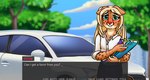 american_cheetah blonde_hair blush bottomwear car clipboard clothing colored_nails dress_shirt ears_down english_text female hair hi_res nails pivoted_ears plant red_nails screencap shirt skirt solo text topwear tree vehicle violet_opossum_typewriter