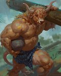 2024 4:5 anthro biceps bovid bovine brown_hair cattle clothed clothing hair hi_res holding_log holding_object holding_rock horn kilt log male mammal musclegut muscular muscular_anthro muscular_male nipples outside pecs quads realistic rock signature solo tail tail_tuft taran_fiddler tongue tongue_out topless triceps tuft vein veiny_muscles weretober weretober2024 wood