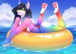 anthro beach big_breasts big_butt bikini bikini_bottom bikini_top black_hair blue_eyes breasts butt clothed clothing conditional_dnp fangs felid feline felis female fufik[pufik] fur hair hair_over_eyes hi_res hybrid looking_at_viewer lynx mammal narrowed_eyes open_mouth pawpads paws pink_nose sea sky smile solo swim_ring swimwear tail teeth two-piece_swimsuit water wave white_body white_fur