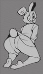 2024 absurd_res anthro big_butt biped bottomwear bulge butt clothed clothing crossdressing eyebrows femboy footwear fur gynomorph_(lore) hair hair_bun hi_res knee_highs knee_socks kneeling lagomorph legwear leporid looking_at_viewer looking_back looking_back_at_viewer mammal monochrome panties presenting presenting_hindquarters rabbit rear_view school_uniform shirt skirt socks solo spikedmauler spikedmauler_(fursona) thick_thighs topwear trans_(lore) trans_woman_(lore) tuft underwear unfinished uniform vest