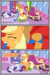 absurd_res applejack_(mlp) blonde_hair blue_eyes bound comic digital_media_(artwork) duo earth_pony equid equine female feral friendship_is_magic green_eyes gutovi-kun hair hasbro hi_res horn horse mammal my_little_pony mythological_creature mythological_equine mythology pony purple_hair rarity_(mlp) unicorn