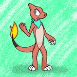 1:1 anthro bandanna birthmark blake_(hiddenbird) charmeleon claws fire fist generation_1_pokemon grin hiddenbird kerchief male markings nintendo one_eye_closed pattern_background pokemon pokemon_(species) pokemon_mystery_dungeon red_body scalie simple_background smile smug smug_face solo spike_chunsoft standing tail wink