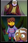 absolutedream absurd_res beard clothed clothing comic dialogue elderly_male facial_hair fan_character forest frisk_(undertale) green_clothing group hair hi_res human human_only loose_feather male mammal not_furry pattern_clothing plant robe striped_clothing stripes tent text tree undertale undertale_(series) white_beard white_facial_hair