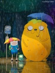 3:4 adventure_time animated bmo brother_(lore) brothers_(lore) bus_stop canid canine canis cartoon_network detailed_background domestic_dog female finn_the_human forest ghibli human jake_the_dog machine male mammal my_neighbor_totoro on_model outside parody plant raining redraw robot short_playtime sibling_(lore) totoro_bus_stop tree unknown_artist wood