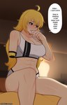 abs athletic athletic_female bed biped blonde_hair breasts cleavage clothed clothing dialogue english_text female furniture hair hi_res human mammal missing_arm not_furry scocks4you sitting solo text thick_thighs yang_xiao_long