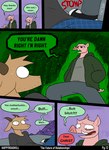 6_panel_comic bodily_fluids bovid brown_body brown_fur caprine clothing curved_horn dialogue domestic_pig duo english_text fur goat green_background grey_background half-closed_eyes happyroadkill hi_res hoodie horn humor male mammal messy_room narrowed_eyes open_mouth open_smile pink_body pink_skin profanity purple_background shirt simple_background smile sound_effects speech_bubble stubble suid suina sus_(pig) sweat sweatdrop t-shirt text topwear tusks wide_eyed