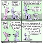 1:1 ac_stuart ambiguous_gender asking asking_another asking_who awoo_(ac_stuart) base_two_layout black_nose bold_text canid canine canis comic conjoined_speech_bubble describing_another dialogue emanata english_text eyebrows eyes_closed fangs feral four_frame_grid four_frame_image fur gesture good_luck good_wishes grey_body grey_fur grey_tail grid_layout group hand_gesture insult kevin_(ac_stuart) male_(lore) mammal name_drop name_in_dialogue noob_the_loser open_mouth pink_body pink_fur pink_tail pink_wolf_(ac_stuart) pointing pointing_at_self question regular_grid_layout sad sitting speech_bubble stuttering tail talking_to_another teeth text text_emphasis trio two_row_layout url wavy_speech_bubble wolf