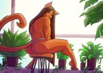 2022 anthro brown_body brown_eyes brown_fur brown_hair butt clothed clothing conditional_dnp domestic_cat felid feline felis female fur hair jollyjack looking_back mammal plant plant_pot potted_plant sitting solo tail thong topless underwear