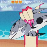 1:1 amphibian anthro axolotl beach colored_nails duo eye_scar facial_scar feral fin_(gem_andromeda) fish gem_andromeda hand_focus hi_res kai_(gem_andromeda) long_nails marine mole_salamander nail_art nails pink_nails requiem_shark salamander scar sea shark sky skyscape sparkling_nails stiletto_nails tiger_shark water