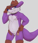 anthro balls belt blue_nose clothing dipodid embarrassed fang_the_hunter flaccid foreskin fur genitals gloves handwear hat headgear headwear hi_res humanoid_genitalia jerboa kaibones looking_away male mammal micropenis penis purple_body purple_fur rodent sega shy small_balls small_penis solo sonic_the_hedgehog_(series)