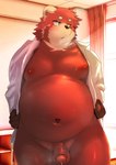 2024 absurd_res ailurid anthro balls belly big_belly blush bodily_fluids bottomless bottomless_male clothed clothing detailed_background flaccid genitals hi_res humanoid_genitalia humanoid_penis inside kemono male mammal moobs musk navel nipples open_clothing open_shirt open_topwear overweight overweight_male penis red_panda shirt solo sweat topwear yukio_ammy