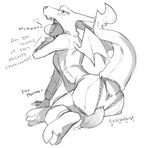 2021 absurd_res anthro anus blush bodily_fluids butt charizard claws clothing dialogue dripping english_text erection fire flaming_tail generation_1_pokemon genital_fluids genitals genitals_through_zipper heart_reaction heart_symbol hi_res kobold looking_at_viewer looking_back looking_back_at_viewer lying male marux membrane_(anatomy) membranous_wings monochrome nintendo on_side onesie penis pokemon pokemon_(species) precum precum_drip precum_on_ground presenting presenting_anus presenting_hindquarters presenting_penis raised_tail redishdragie scalie signature simple_background sketch smile solo tail talking_to_viewer teeth text toe_claws unzipped white_background wings y_anus zipper