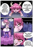 anthro antlers butt clothed clothing comic dialogue digital_media_(artwork) femboy fur fzst hair hi_res horn lagomorph leporid looking_at_viewer looking_back male mammal open_mouth pink_body pink_fur pink_hair rabbit renita_reed smile solo spanish_text speech_bubble tail teeth text topwear translated