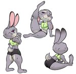 2020 anthro bodily_fluids bottomwear breasts butt clothed clothing crop_top d_widget disney female fully_clothed fur grey_body grey_fur hotpants judy_hopps krucification lagomorph leporid mammal midriff multiple_poses pink_nose pose purple_eyes rabbit scut_tail shirt short_tail shorts simple_background smile solo standing sweat sweatdrop tail topwear white_background zootopia