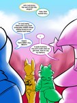 2023 allison_goleta anthro blue_sky bovid bovine canid canine cattle claire_higsby color_coded color_coded_speech_bubble comic dialogue ellipsis end_page felid female female/female fox group hand_holding hi_res jodie_caldwell lagomorph leporid mammal melody_amaranth morning pantherine plant rabbit sky speech_bubble super_lesbian_animal_rpg text tiger trans_(lore) trans_woman_(lore) tree winguthings