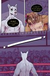 2:3 bastriw blood blood_on_face bodily_fluids canid canine canis comic dialogue green_eyes hi_res male mammal muscular muscular_male nico_(bastriw) shirtless text victory wolf