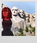 2023 clothed clothing demon demon_humanoid eyebrows female hair horn horned_humanoid humanoid humanoid_pointy_ears meru_(merunyaa) merunyaa mount_rushmore not_furry photo_background photography_(artwork) plant pointy_ears red_body red_skin solo tree