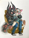 anthro black_body black_fur canid colt_(oddhoot) domestic_cat duo eyewear felid feline felis fur glasses glasses_on_face hi_res horn intersex_(lore) male male/male mammal oddhoot red_eyes romantic sam_(oddhoot) siamese surprise surprised_expression touching_chest traditional_media_(artwork)