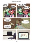 anthro brown_clothing brown_shirt brown_topwear chair clothed clothing comic computer desk dialogue door dozendav duo ear_piercing electronics english_text eye_contact feezle_(dozendav) five_frame_image furniture grammatical_error green_body green_horn green_scales hand_on_shoulder hi_res horn hug kobold laptop long_ears looking_at_another male motch_(dozendav) outside overalls page_number patreon patreon_logo piercing red_body red_horn red_scales scales scalie shirt speech_bubble table text topwear url window